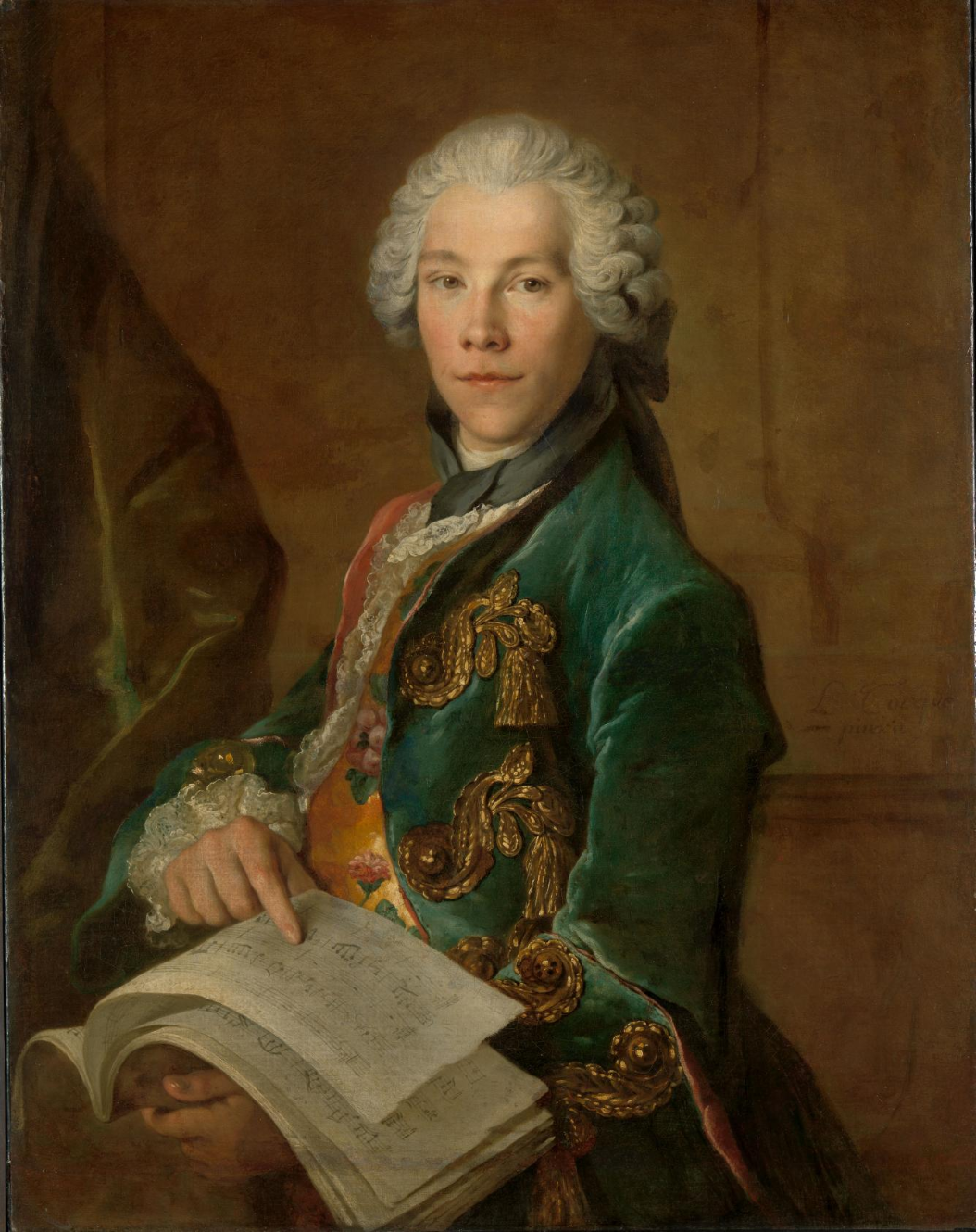 Portrait of Arnoldus van Rijneveld wearing a richly embroidered velvet coat with gold-thread decoration and holding a music book.