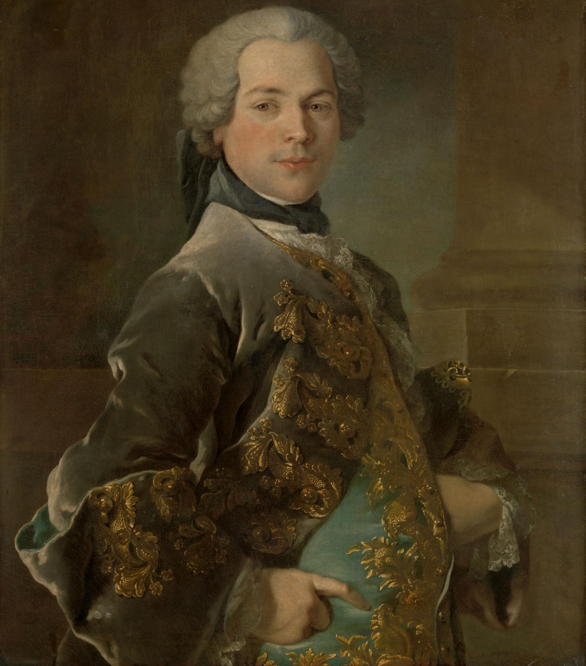 Portrait of Isaac van Rijneveld in an ornate eighteenth-century coat and waistcoat with visible gold embroidery and a formal standing pose.